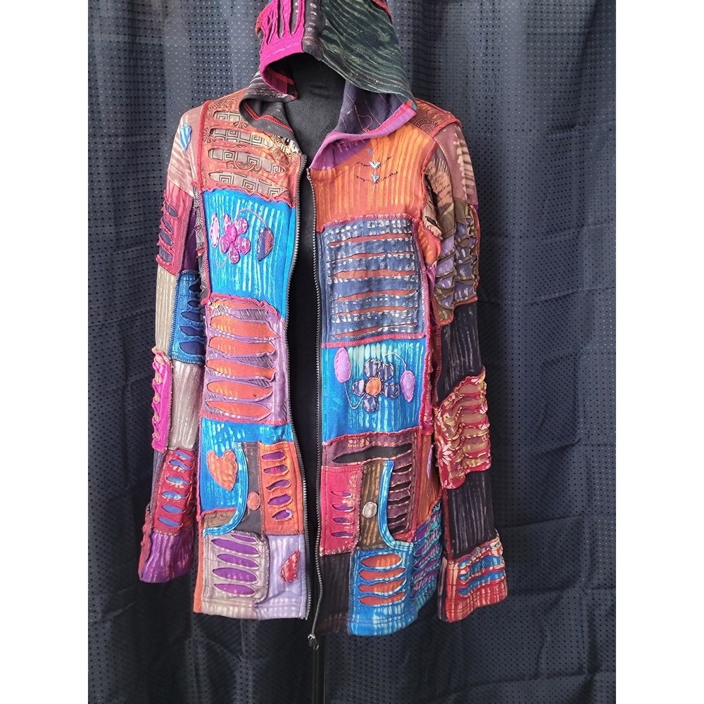 Handmade Nepal Patchwork Razor Cut Hoodie Jacket Multicolor Boho XL Cotton - Picture 4 of 9